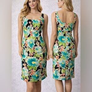 Suzi Chin Dress 12 Multicolor Vibrant Floral Stretch Cotton Sleeveless Summer